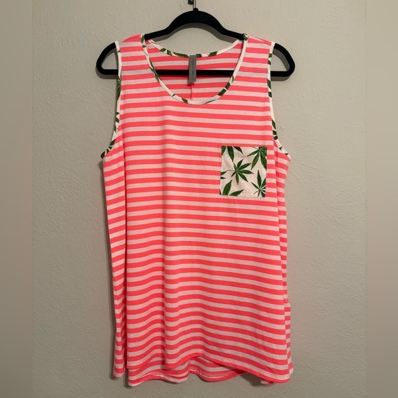 Honeyme Tops - Striped Tank Top with green leaf Pocket
